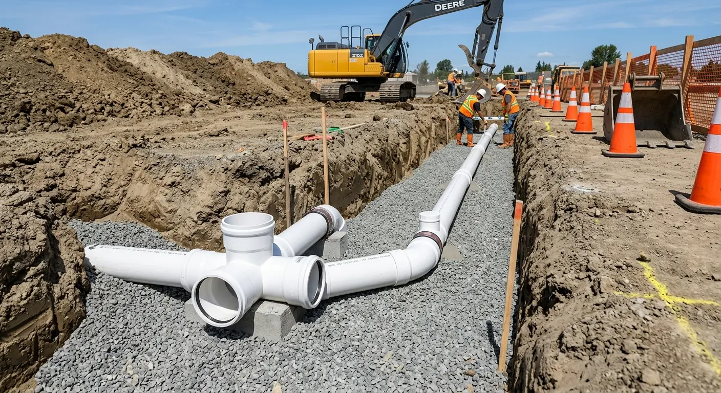 New PVC sewer pipe installation in open trench for Sewer Backup in Roselle