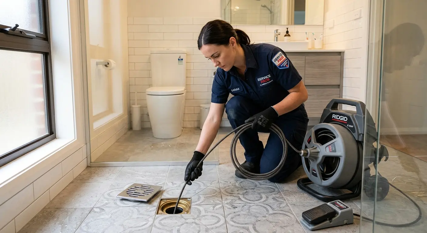 Technician clearing a bathroom floor drain for Sewer Line Installation in Roselle